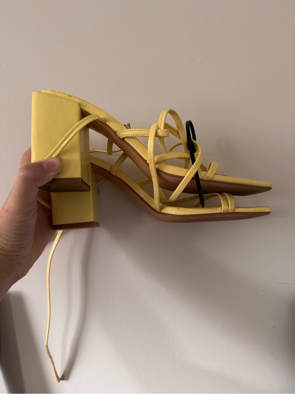 Zara Yellow Strappy Block Heel Sandals with Ankle Tie